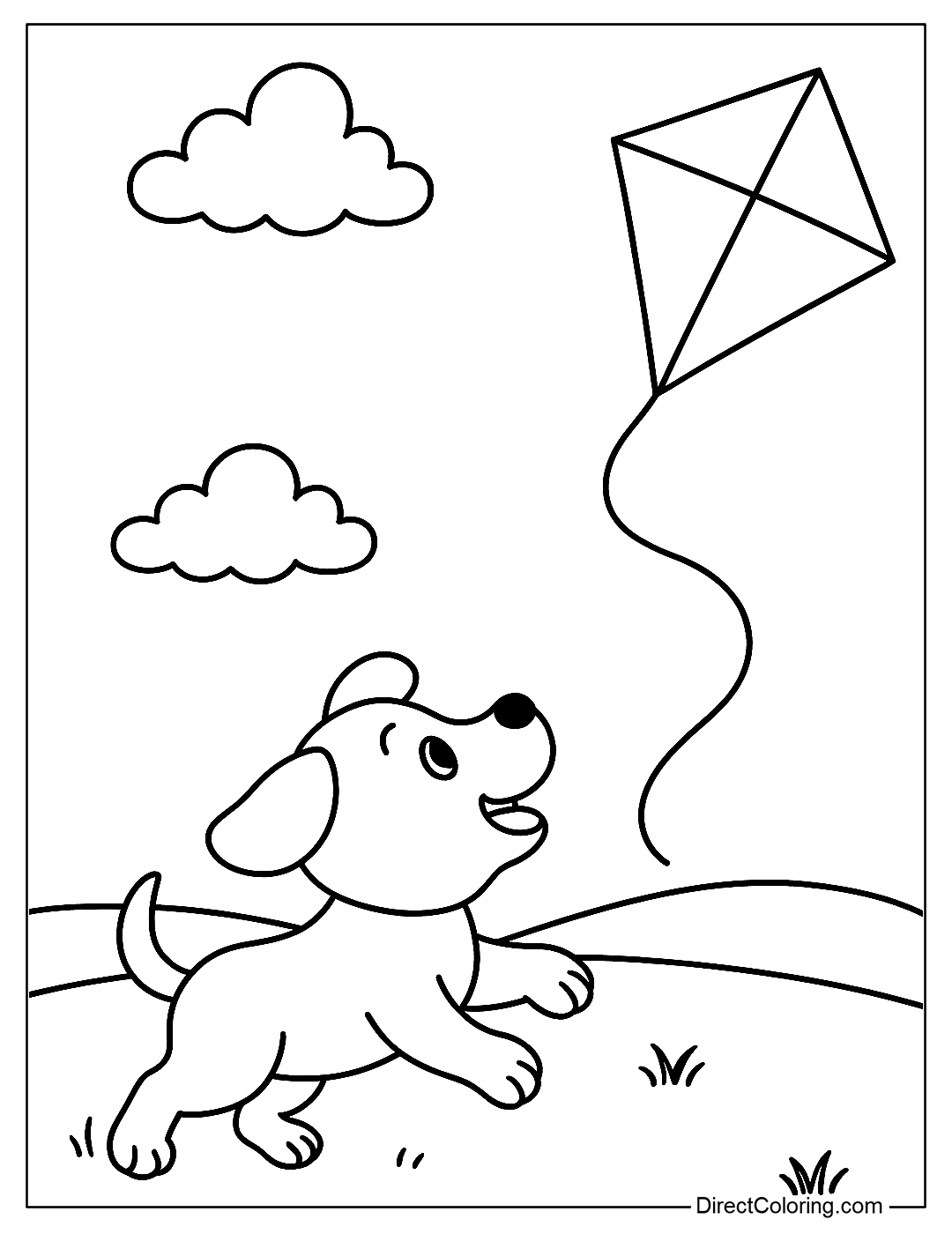 Coloring page of a puppy chasing the shadow of a flying kite.